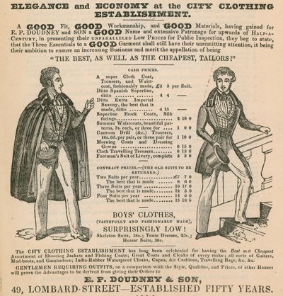 Elegância e economia no estabelecimento de vestuário da cidade; EP Doudney & Son, 49 Lombard Street, Londres de English School