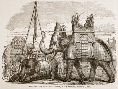 Elefante equipado para a batalha, com a armadura, o howdah, etc., ilustração da história ilustrada Cassells da Índia por James Grant, bar. 1879 de English School