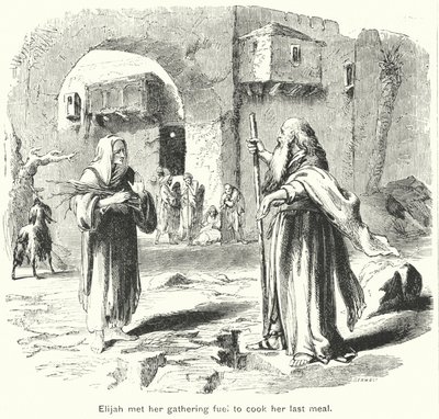 Elias encontra-a a apanhar lenha para cozinhar a sua última refeição (gravura) de English School