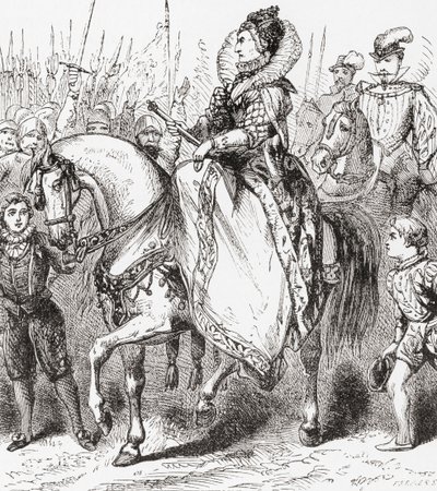 Elizabeth I inspecionando suas tropas em Tilbury Port, 1588, da Ward and Locks Illustrated History of the World, pub. c.1882 de English School