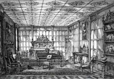 Sala de jantar isabelina, publicada em The House-Furnisher & Decorator, 1º de outubro de 1872 de English School