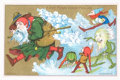 Duendes que perseguem o pai Natal, cartão de Natal de English School
