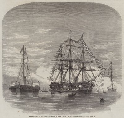 Embarque do Príncipe de Gales em HMS "Hero" em Plymouth para o Canadá (gravura) de English School