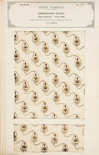 Amostra de musselina bordada de Madras, da Coleção dos Fabricantes Têxteis da Índia, de John Forbes Watson, publicada em 1866 de English School
