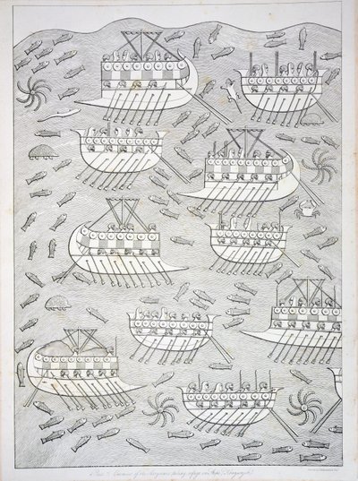 Inimigos dos assírios se refugiando em navios, placa 71 de Nínive e seus restos mortais por Austen Henry Layard (1817-1894) publicado em 1849 de English School