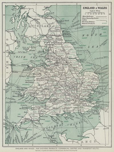 Inglaterra e País de Gales, Mapa mostrando produtos, centros comerciais e rotas de transporte (litografia) de English School