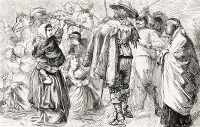 Protestantes ingleses sendo afogados pelos católicos irlandeses durante a rebelião irlandesa de 1641, c.1865 (gravura em madeira) de English School