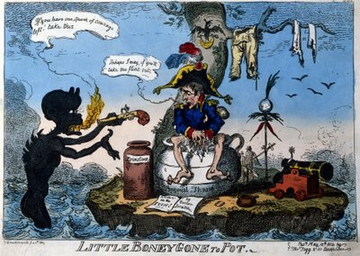 Desenho animado inglês representando o Imperador Napoleão I no exílio na Ilha Elba: sentado no seu novo trono em forma de vaso de câmara, um demônio lhe dá uma pistola se ele tiver coragem de usá-la. Maio de 1814. de English School