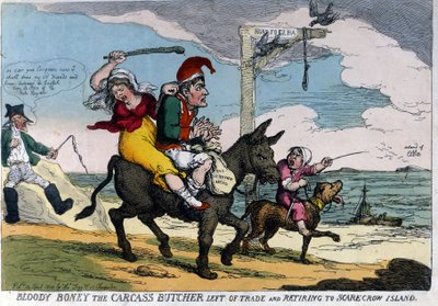 Desenho animado inglês sobre o exílio do Imperador Napoleão I representa em um burro a caminho da Ilha Elba. 04/1814. de English School