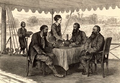 Os exploradores ingleses John Hanning Speke (1827-1864) e James Augustus Grant (1827-1892) em Gondokoro, no sul do Sudão, no final da sua expedição, onde foram recebidos por Samuel (1821-1893) e Florence (1841-1916) Baker (gravura) de English School