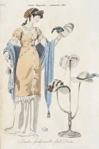 Placa de moda inglesa retratando uma jovem mulher escolhendo um chapéu, 1812 de English School