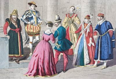 Modas inglesas do século XVI, de "A História Nacional e Doméstica da Inglaterra", de William Hickman Smith Aubrey (1858-1916) publicaram Londres, c.1890 de English School