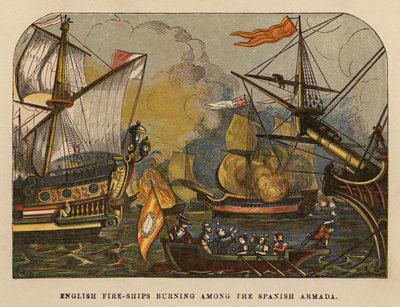 Navios de guerra ingleses a arder entre a Armada Espanhola (gravura a cores) de English School