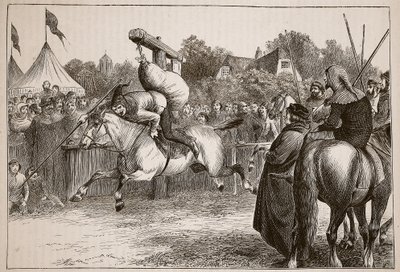 Inglês feliz no século XIV: Inclinando-se no Quintain, ilustração da história ilustrada de Cassells da Inglaterra (foto sépia) de English School