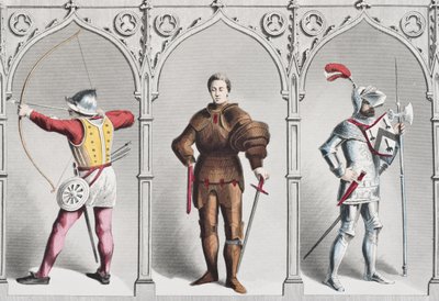 Traje militar inglês em meados do século XV, de The National e Domestic History of England, de William Hickman Smith Aubrey (1858-1916), publicado em Londres, c.1890 de English School