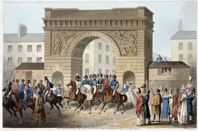 Ingleses e aliados entraram em Paris em "Historical, military and naval anecdotes and incidents that arrived at the arms of Great Britain and their allies, ending in Waterloo" de Edward Orme. Ilustrado por Fry, Sutherland, Clark, Dubourg, W.Heart, JA, Atki de English School