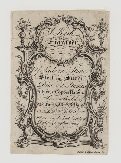 Gravadores de selos, J Kirk, cartão de comércio de English School