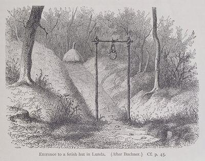 Entrada para uma cabana fetichista em Lunda, de The History of Mankind, Vol.1, pelo Prof. Friedrich Ratzel, 1896 de English School