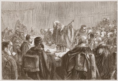 Episcopius que endereça aos membros do Sínodo de Dort, ilustração da história do protestantismo por James Aitken Wylie (1808-1890), bar. 1878 de English School