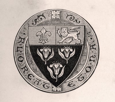 Escudo de Eton colocado sobre a roda com o lema da escola, ilustração de Memórias de Eminentes Etonianos, de Sir Edward Creasy, publicado em Londres em 1876 de English School