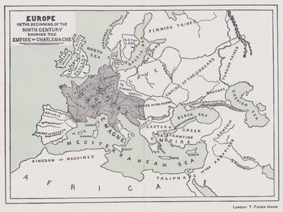 Europa, no início do século IX, mostrando o império de Carlos Magno (litografia a cores) de English School