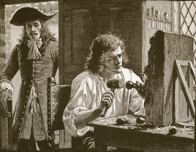 Evelyn descobrindo Grinling Gibbons, ilustração da história ilustrada de Cassells da Inglaterra (foto sépia) de English School