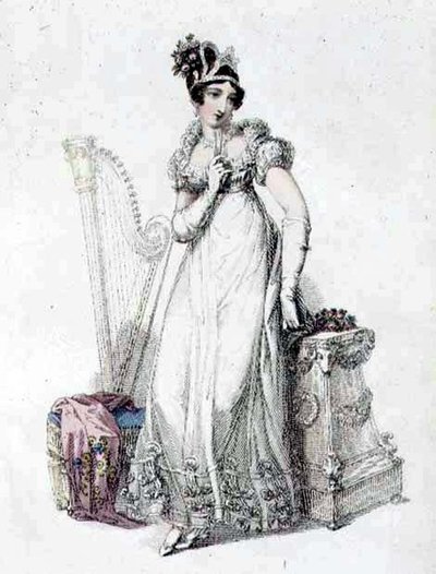 Vestido de noite, placa de moda do Repositório de Artes da Ackermann (gravação colorida) de English School