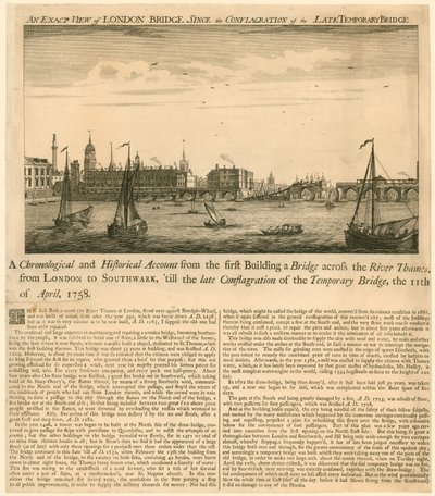 Vista exata da ponte de Londres desde a conflagração da ponte temporária tardia, 11 de abril de 1758 de English School