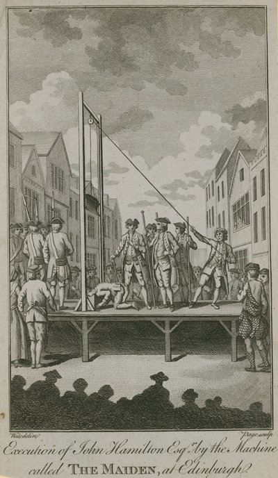 Execução de John Hamilton Esq pela máquina chamada The Maiden (gravura) de English School