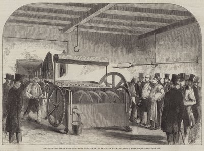 Experiências feitas com a máquina de fazer pão Stevens na Marylebone Workhouse (gravura) de English School