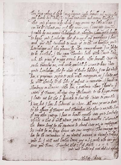 Fac-símile de Philip Sidneys com 18 anos, 23 de março de 1572 de English School