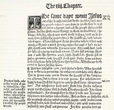 Fac-símile do Evangelho de São Mateus, Capítulo XIII, versículos 1-15, do Testamento de Tyndales, ilustração da História do Protestantismo por James Aitken Wylie (1808-1890), pub. 1878 de English School