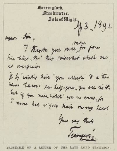 Fac-símile de uma Carta do falecido Senhor Tennyson (gravura) de English School