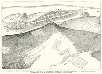 Fac-símile de uma vista de Edimburgo em 1544, com o exército do conde de Hertford a aproximar-se da cidade por Calton Hill e Watergate (gravura) de English School