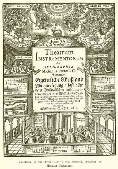Fac-símile da página de rosto para o Syntagma Musicum por Michael Praetorius de English School