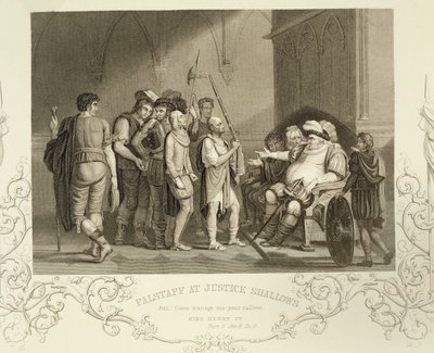 Falstaff em Justice Shallows, em Henrique IV (Parte 2) Ato III Cena 2, por William Shakespeare (1564-1616) de English School