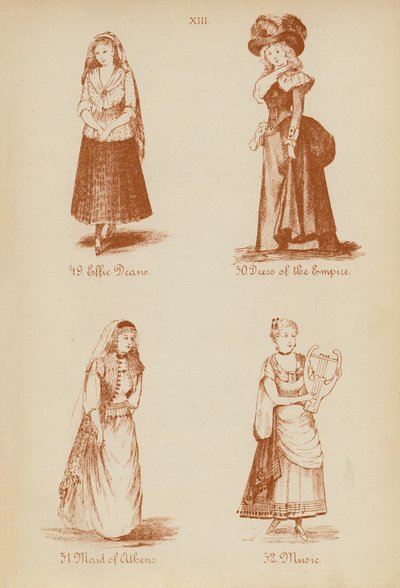 Fatos de fantasia: Effie Deane, Vestido do Império, Dama de Atenas, Música (litografia) de English School