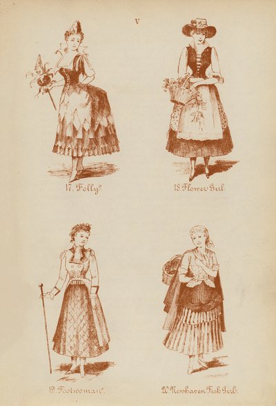 Fatos de fantasia: Folly, Flower Girl, Foolwoman, Newhaven Fish Girl (litografia) de English School