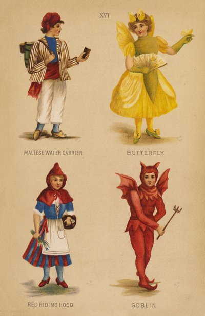 Fatos de fantasia: Porta-Água Maltês, Borboleta, Capuchinho Vermelho, Duende (litografia a cores) de English School