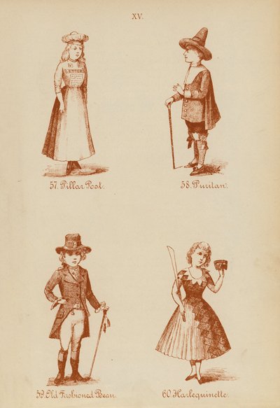 Fatos de fantasia: Pilar, Puritano, Feijão à moda antiga, Arlequinette (litografia) de English School