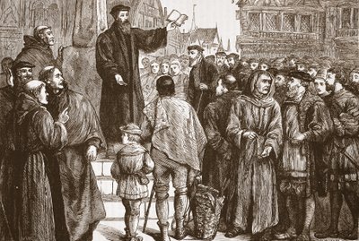 Farel pregando no mercado de Neuchâtel, ilustração de The History of Protestantism por James Aitken Wylie (1808-1890), pub. 1878 de English School