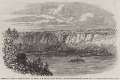 Farina, com um homem de costas, atravessando o Niágara na corda bamba, de Clifton House Balcony, 29 de Agosto de 1860 (gravura) de English School