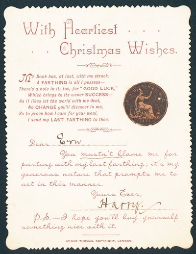 Farthing com furo, cartão de Natal de English School