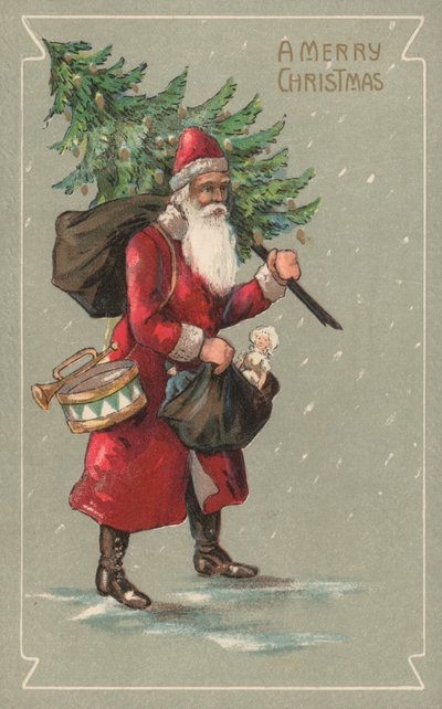Pai Natal carregando um saco de brinquedos e uma árvore de Natal de English School