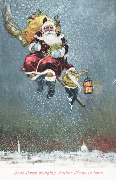 Pai Natal em sua vassoura, cartão de Natal de English School