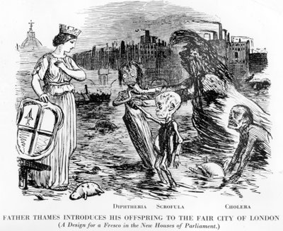 Padre Tâmisa Apresentando sua descendência à Feira de Londres, sendo os filhotes Diptheria, Scrofula e Cólera. Mais um esgoto a céu aberto do que um rio, o estado repugnante do Tâmisa em Londres. de English School