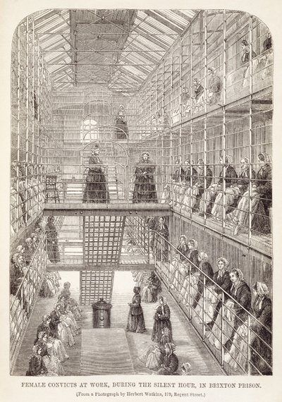 Mulher Condenada no Trabalho durante a Hora do Silêncio na Prisão de Brixton, de The Criminal Prison of London e Scenes of Prison Life por Henry Mayhew (1812-1887) e John Binny, 1860 de English School