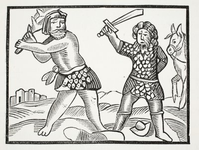 Ferragus cria um poderoso exército e sitia a cidade de Acquitain, ilustração de Chap-books do século XVIII de John Ashton, pub. 1882 de English School