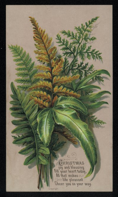 Arranjo de folhas festivas, cartão de Natal (chromolitho) de English School