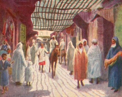 Fez, uma rua sombreada (litografia a cores) de English School
